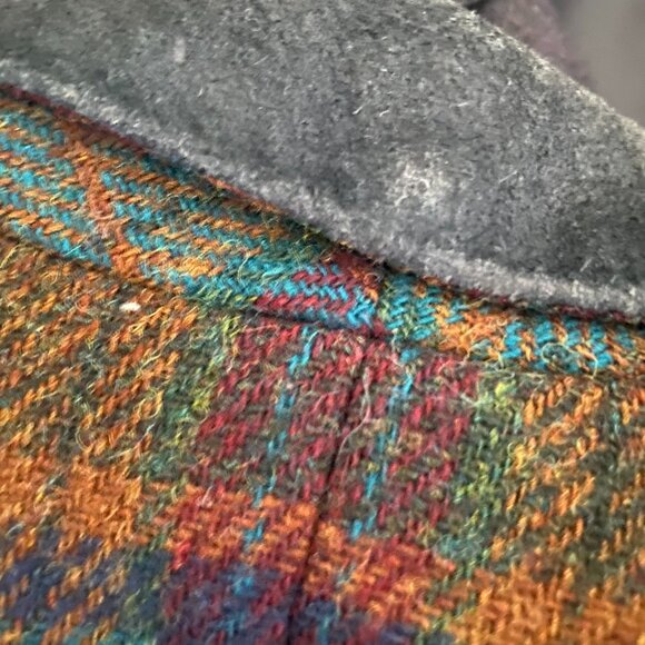 VTG 90s colorful plaid wool oversized blazer leather trim S academia old money - Picture 4 of 14